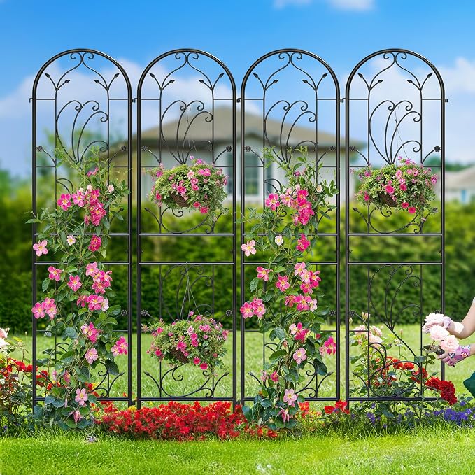 4 Pack 87x20in Garden Trellises, Sunflower Black Metal Coated Rustproof Trellis for Climbing Plants Outdoor, Roses, Vegetables, Vines, Cucumbers