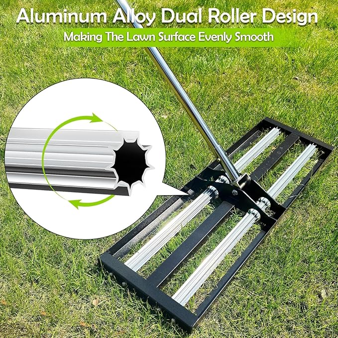 SporGain Lawn Leveling Rake 30"x10", Lawn Leveler with Aluminum Rollers, Yard Leveling Rake Stainless Steel with 27-80" Adjustable Handle, Heavy-Duty Ground Leveler Suit for Garden, Golf Lawn, Farm