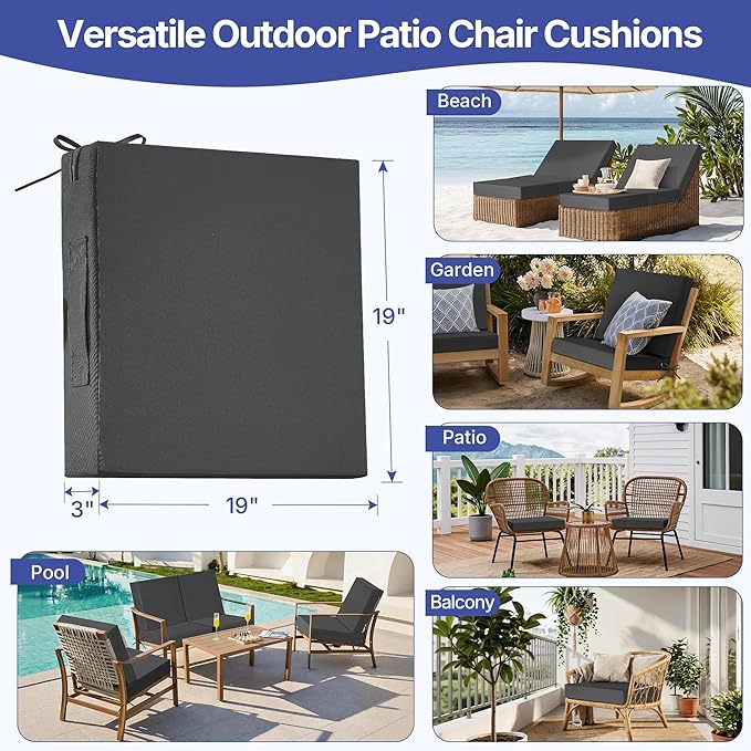 Outdoor Chair Cushions Set of 4 for Outdoor Patio Furniture, Waterproof Patio Seat Cushions with Handle & Ties, 3 Year Color Fastness Square Garden Sofa Couch Pads, 19" x 19" x 3", Dark Grey
