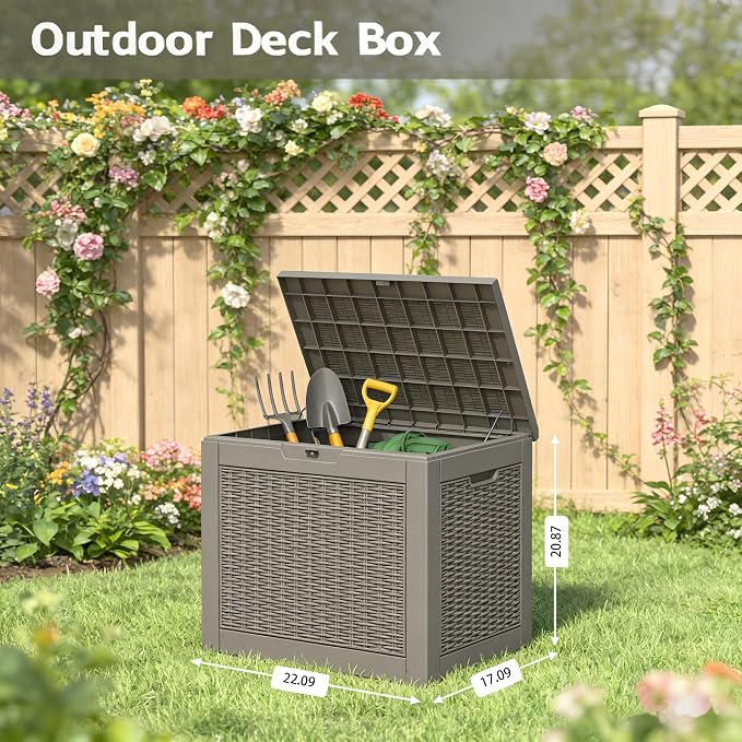Outdoor Storage Box, 30 Gallon Resin Deck Boxes Outdoor Waterproof For Patio Furniture, Garden Tools, Pool Supplies, Lockable And UV Resistant (Rattan Gray)