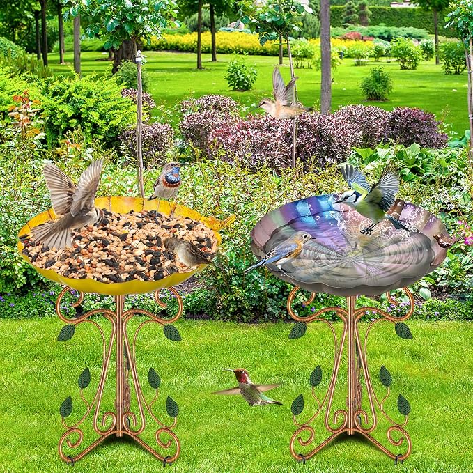 13" Diameter Vintage Metal Bird Bath, Birdbaths with Cast Iron Pedestal, Large Antique Bird Feeder for Outdoors Garden Patio Decor (Colorful Gradient)