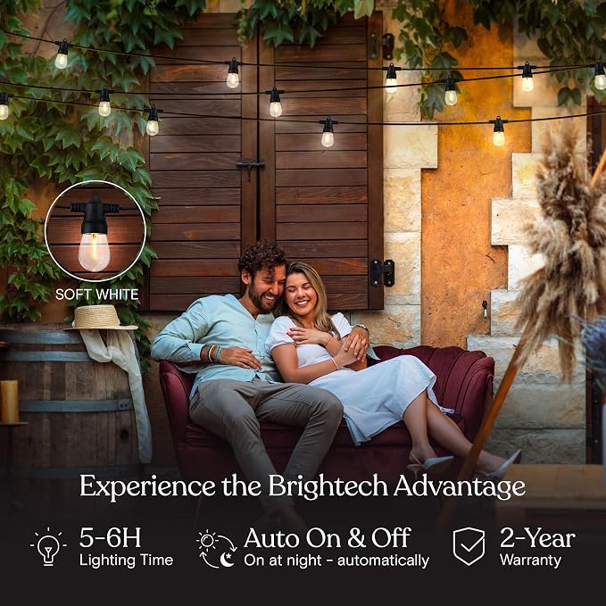 Brightech Ambience Hybrid Outdoor String Lights - Dual Plug and Solar Powered Waterproof LED Light String for Outside - 27 Ft, Dimmable 4W, Soft White Edison Bulbs for Camping, Patio, Cafe, Yard