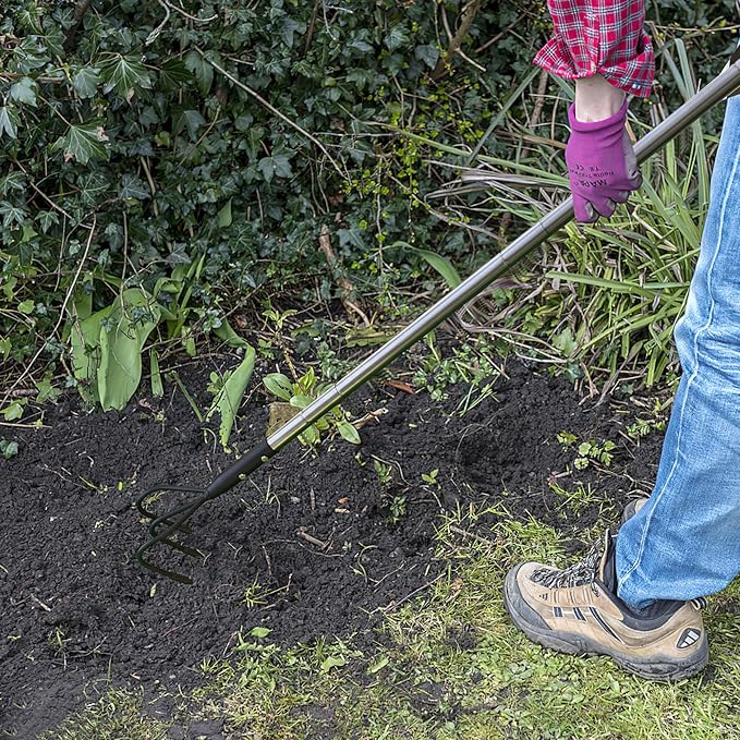 YEELOR 3-Tine Long Handle Tiller, Garden Cultivator with 55"-15.5" Adjustable Handle, for Loosening Soil, Tilling, Weeding and Fertilizing, Suitable for Elderly and Women