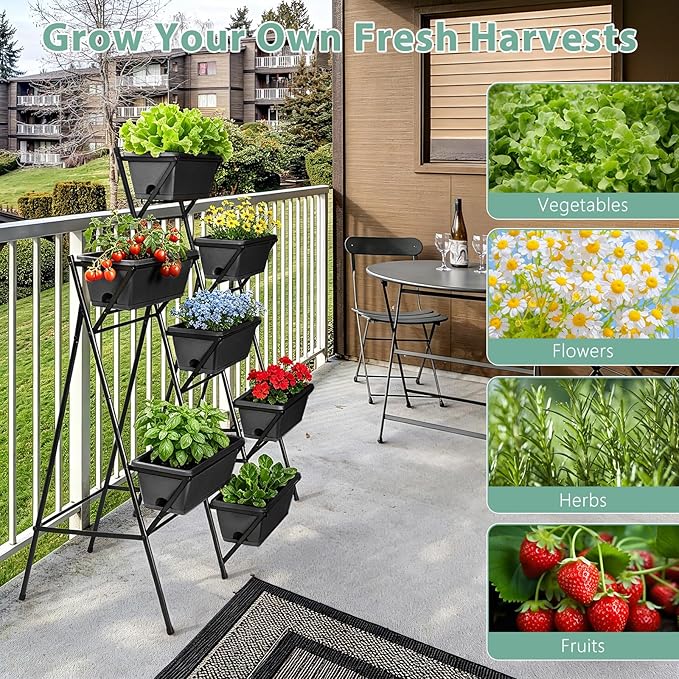 Sunexinlo 5-Tier Vertical Garden Planter with 7 Plant Boxes & Drainage Trays, Metal Freestanding Raised Bed for Herbs Flowers Vegetables, Indoor Outdoor for Patio Balcony Deck, Black