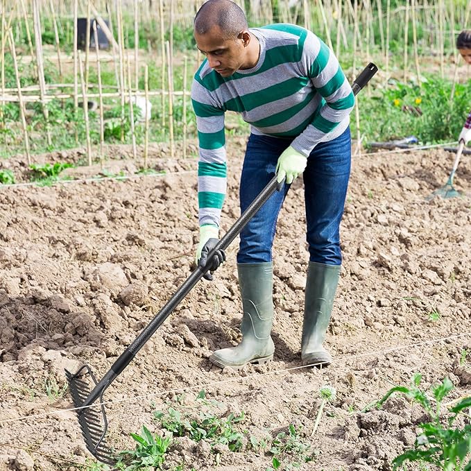 77'' Bow Rake Heavy Duty Garden Rake with Stainless Steel Handle,Tines Metal Head Rake Tool for Loosening Soil Gathering Leaf Leveling Lawn Farming Land Management Yarn Thatch Rake