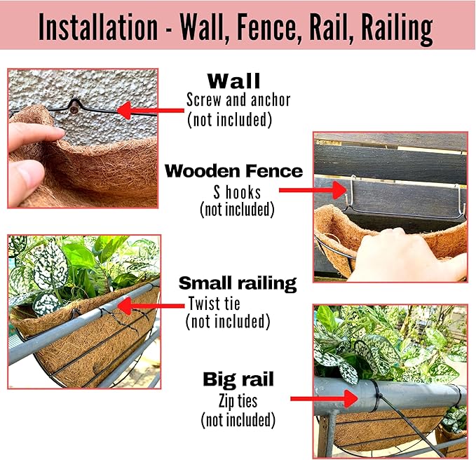LaLaGreen Large Wall Flower Baskets, 4 Pack, 16 Inch Rail Planter for Outdoor Plants, Metal Wire Plants Holders with Coco Liner Outside Fence Balcony Garden Pots Railings Hanging Deck Porch Decor