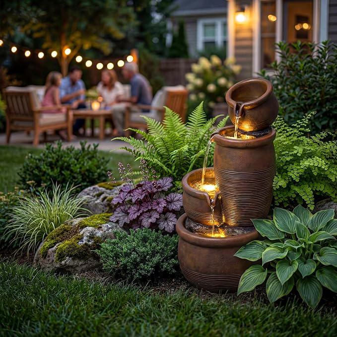 24-Inch Outdoor Water Fountain, 4-Tier Cascading Crocks Resin Garden Waterfall Fountain, with 3 Warm LED Lights, Home Art Decor for Patio, Backyard, Deck, Porch, Farmhouse or Lawn in Brown
