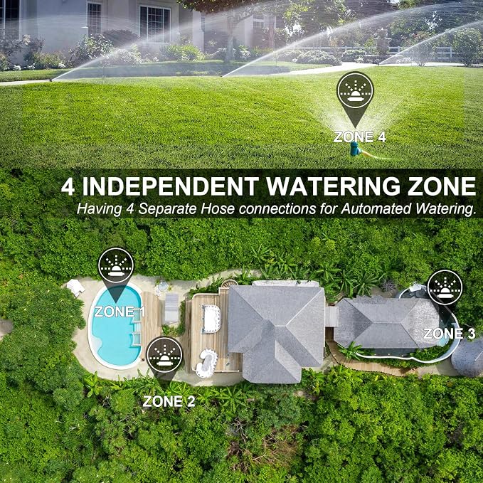 Water Timer for Outdoor Garden Hose, Sprinkler Timer for Garden Faucet with Auto/Manual/Rain Delay Mode, Sprinkler Irrigation Controller for Yard Lawn (4 Zones Brass Inlet)