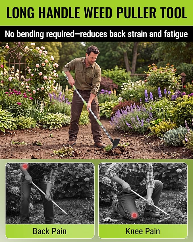 WORKPRO Weed Puller Tool with Long Handle – 2-in-1 Garden Hoe & Weed Rake, 29"-56" Adjustable Manual Weeding Tool, Uprooting Weed Remover Gardening Weeder Tools for Yard, Lawn, Patio and Garden