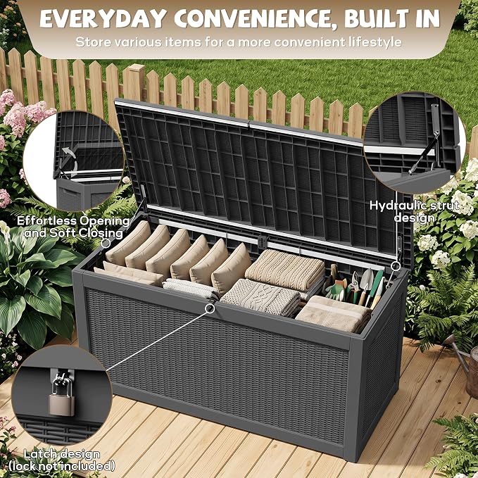 EasyUp 320 Gallon Deck Box, Large Deck Box for Indoor and Outdoor,Waterproof Storage Boxs for Patio Furniture,Garden Tools,Cushions, Lockable and UV Resistant,Easy to Install(Black)