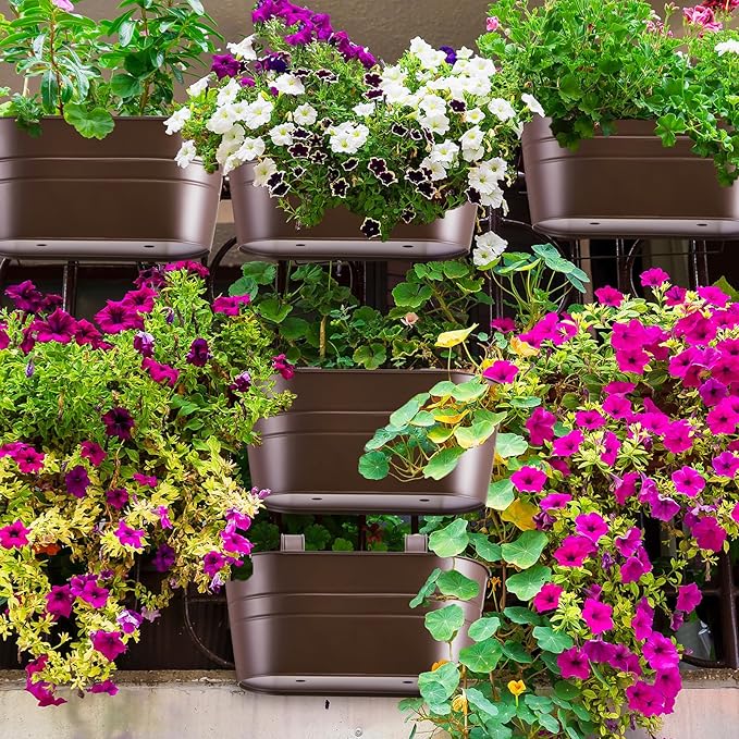 Hicarer Metal Hanging Flower Pots for Railing Fence, Large Hanging Rail Planters for Outdoor Window Balcony Plants Holder with Hooks for Garden Yard Home Decor(Chocolate,4 Pcs)