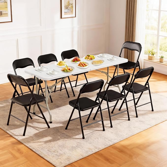 Elevon Folding Table Set with 8 Black Folding Chairs,6 Feet Heavy Duty Fold-in-Half Utility Table Sets for Picnic, Event, Training, Outdoor Activities, at Home and Commercial Use