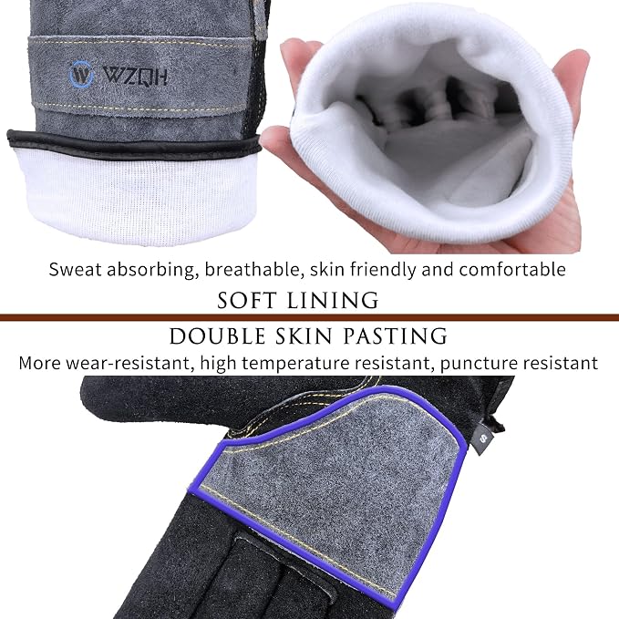 WZQH Leather Work Gloves for Men or Women. XX-Large Glove for Gardening, Tig/Mig Welding, Construction, Chainsaw, Farm, Ranch etc. Cowhide, Cotton Lined, Utility, Firm Grip, Durable. Grey-Black 2XL
