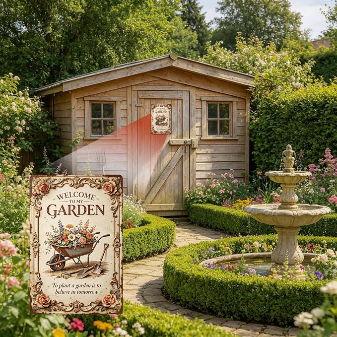2D Flat Funny Garden Signs, Welcome to My Garden Vintage Outdoor Wall Decor for Patio Yard Greenhouse Home, Waterproof Garden Gifts 8x12 Inch
