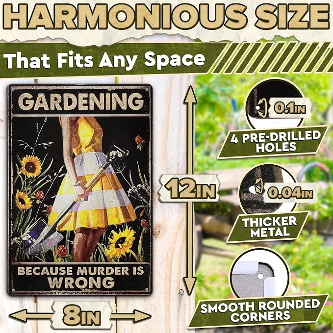 Funny Garden Signs for Outside - Gardening Because Sign 8x12 In Vintage Funny Metal Signs for Outside - Unique Gardening Gifts for Women Who Love Garden | Gardener's Backyard, Patio and Porch Decor