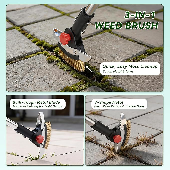 3-in-1 Heavy Duty Crack Weeder Tool, 59" Adjustable Long Handle, Stainless Steel Crevice Weed Puller and Moss Remover for Driveway, Patio, Sidewalk, Pavers and Deck Cracks
