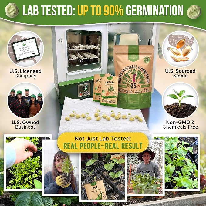 Organo Republic 25 Winter Vegetable & Herb Garden Seeds Variety Pack for Outdoors & Indoor Home Gardening 22,840+ Non-GMO Heirloom Seeds Broccoli Beet Carrot Cabbage Radish Pea Mint Thyme Parsley