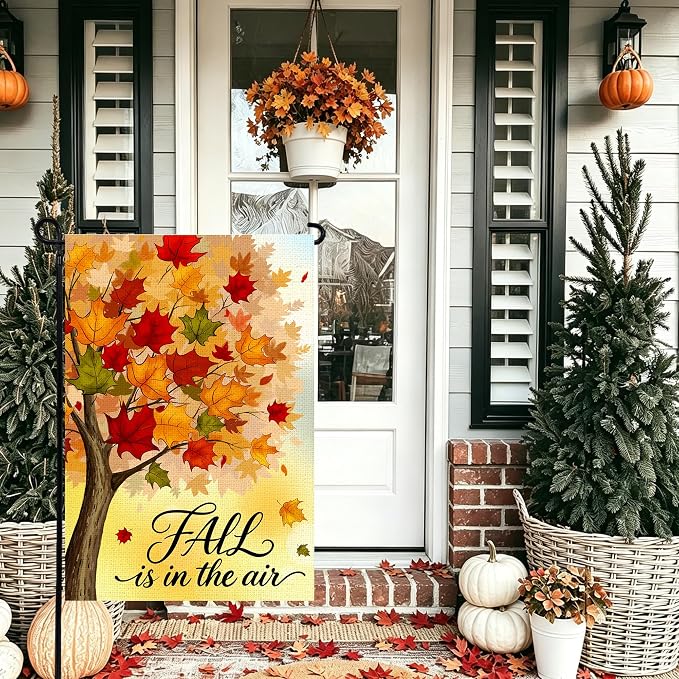 Fall Garden Flag 12x18 Inch, Double Sided Autumn Tree Maple Leaves Burlap Flag for Yard Outdoor Decoration