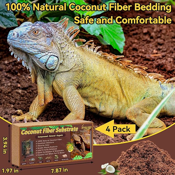 Legigo 4 Pack Coconut Fiber Substrate, Natural Coco Coir Bedding for Reptiles Turtles, Tortoises, Snake, Hermit Crab, Gecko, Lizard, Bioactive Terrarium Soil for Humidity Control and Plant Substrate