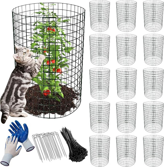 16 Pack Plant Protectors from Animals, 13.8"x 12" Wire Plant Protector, Wire Cages for Plants with Stakes and Cable Ties, Metal Plant Cages for Plants, Vegetables, Flowers