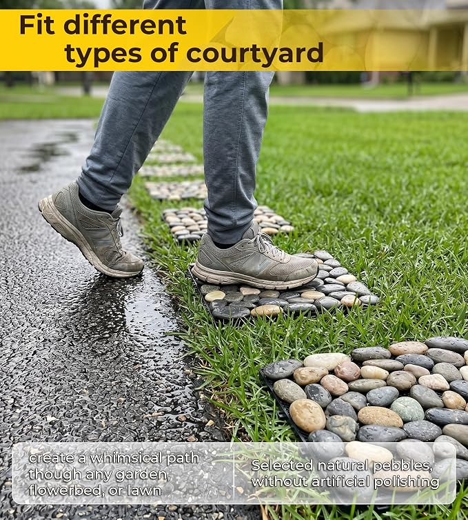 jxgzyy 4 Pcs Interlocking Stepping Stones Outdoor for Garden, 11.8" Square Pavers for Landscaping, Outside Pebble River Stone Mat for Yard Lawn Patio Pathway Walkway (Light Colour)
