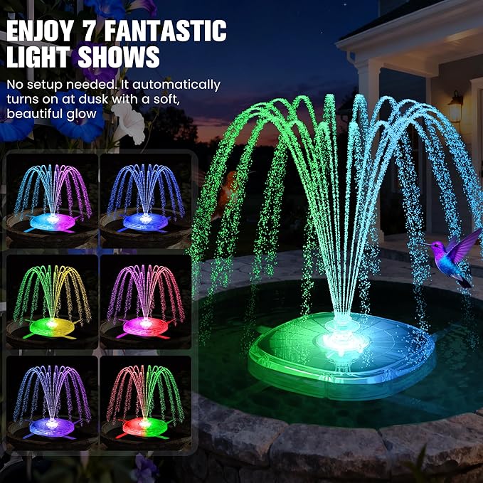Solar Fountain Pump for Bird Bath,2026 Solar Powered Water Fountain Pump with Lights, 4000mAh Large Battery Solar Bird Bath Fountains Outdoor,9 Spary Modes Solar Birdbath Fountains for Pond,Pool-White