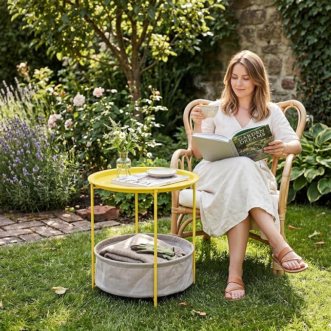 VECELO Round Side/End Table with Fabric Storage Basket，Metal Anti-Rust and Waterproof Small Bedside Nightstand with Removable Tray Top for Living Room，Balcony & Laundry，Yellow /1pcs with Basket