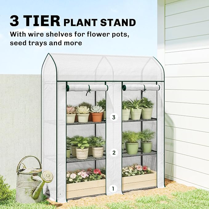 Outsunny 3 Tier Mini Greenhouse, 56.3" x 18.1" x 65" Small Portable Greenhouse with 2 Roll-up Doors, Garden Plant Growhouse with PE Cover for Indoor Outdoor, White