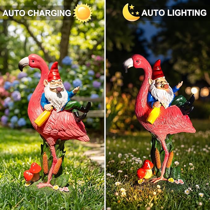 Candieslife Middle Finger Gnome Riding Flamingo 13in, Funny Garden Statue Solar Powered Outdoor Yard Decor with LED Beer Bottle & Mushrooms, Waterproof Naughty Lawn Ornament Gag Gift for Patio, Porch