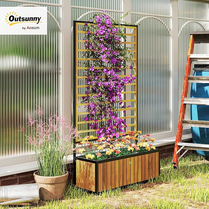 Outsunny Wooden Raised Garden Bed with Trellis, Removable Pots, Drainage Holes for Climbing Vines, Vegetables, Flowers, Raised Planter Box for Backyard, Patio, Balcony, 29 x 11 x 52 in., Teak