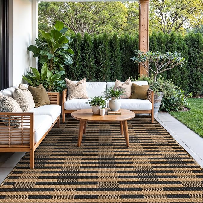 GENIMO Outdoor Rug for Patio Clearance, 6'x9' Reversible Plastic Straw Rugs, Lightweight Waterproof Geometric RV Camping Mat for Camper, Balcony, Deck, Backyard, Picnic, Black Brown