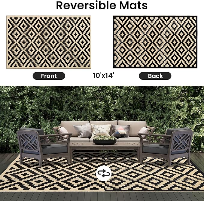 Smiry Waterproof Outdoor Rug 10X14 ft, Reversible Plastic Straw Patio Camping Rugs, Outdoor Indoor RV Mat Carpet for Patio, Outside Entry, Backyard, Deck, Bench, Picnic, Camper, Black & Beige