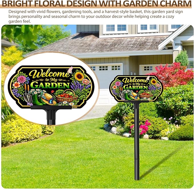 Welcome to My Garden Sign Outdoor Decor, 10x5 Inch Adjustable 24" & 37" Height Aluminum Garden Yard Sign with Stake, UV Printed Metal Garden Sign for Lawn Fence Wall, Gift for Gardeners