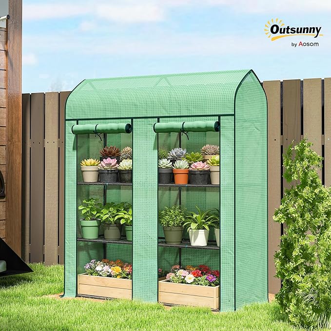 Outsunny 3 Tier Mini Greenhouse, 56.3" x 18.1" x 65" Small Portable Greenhouse with 2 Roll-up Doors, Garden Plant Growhouse with PE Cover for Indoor Outdoor, Green