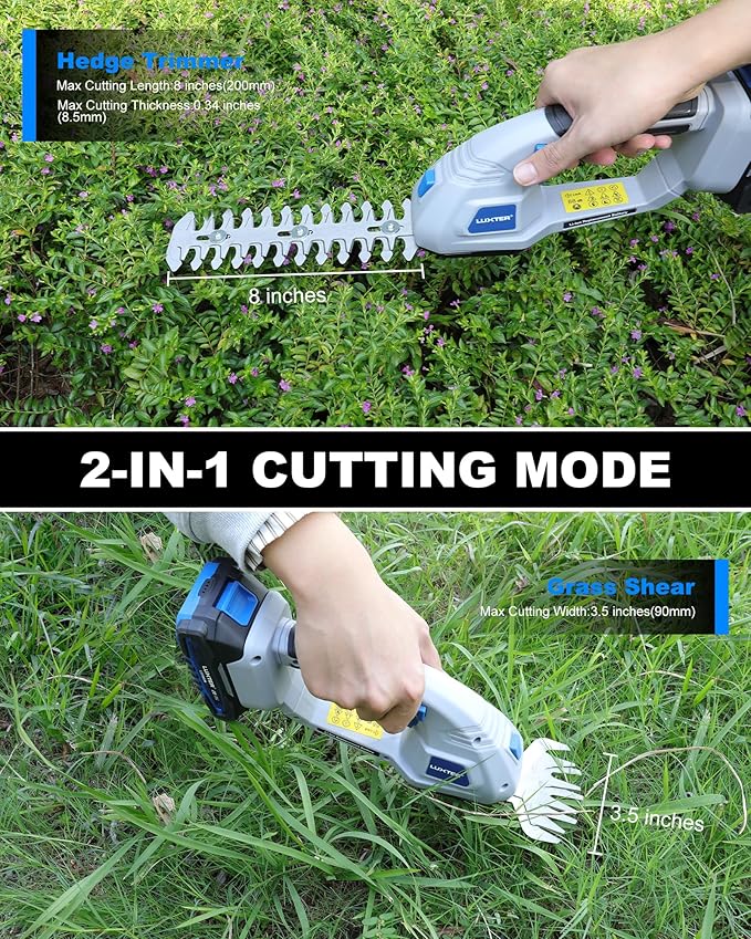 LUXTER 20V Cordless Electric Hedge Trimmer 2 in 1 Handheld Grass Shear & Shrubbery Trimmer Handheld Grass Cutter with 2 * 2.0Ah Batteries & Charger for Garden, Lawn，Yards