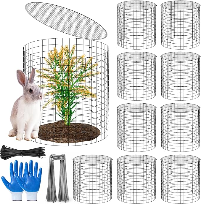 SPECILITE 10 Pack Plant Protector from Animals, 14"x14" Pre-Bent Wire Metal Mesh & Covers to Keep Rabbits, Squirrels, Chickens Out, Protects Vegetables, Flowers, Shrubs with Zip Ties, Stakes & Gloves