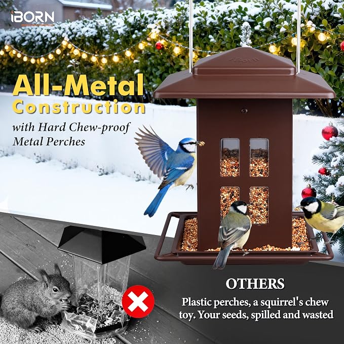 iBorn Bird Feeder for Outdoor Hanging,Metal Bird Feeder Hanging Outside for Cardinal, Double-Sided Hanger Wild Birdfeeder All Metal Constructions, Holds 2.6LB Seed, Bronze,8 Ports