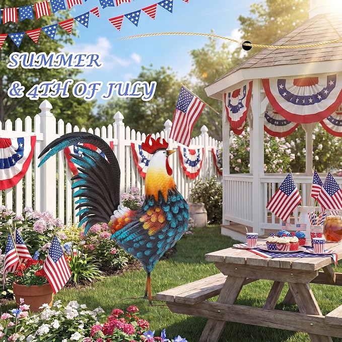 32" Large Metal Rooster Yard Decor, Outdoor Garden Statues, Metal Chicken Sculpture for Backyard Patio Kitchen Living Room Decor