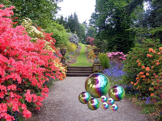 Kunjocy Pack of 8 Stainless Steel Gazing Balls Assorted 50-150mm Small Garden Gazing Globes Hollow Mirror Polished Seamless Reflective Sphere Balls for Home Yard Lawn Outdoor Decorations (Rainbow)