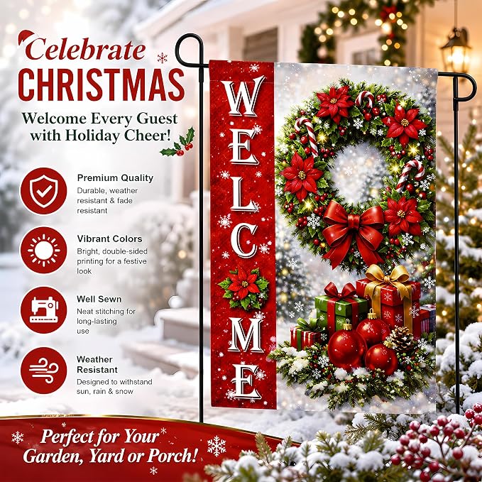 Christmas Decorations - Xmas Wreath Welcome Garden Flag | Christmas Party Decor Favors Supplies for Outdoor Outside - Red Wreath Double Sided Backdrop Banner for Garden Porch Patio Lawn Yard