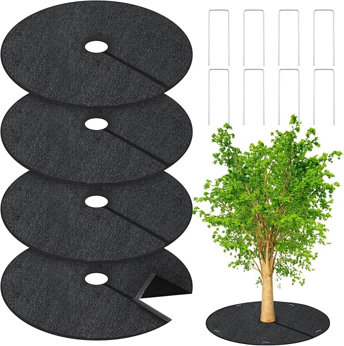 Tegeme 4 Pack 24.5 Inch Tree Ring with Self Adhesive and 8 Ground Pins, Degradable Protector Mat Reusable Non Woven Tree Mulch Ring Mat for Gardening Landscaping Weed Control Root Protection