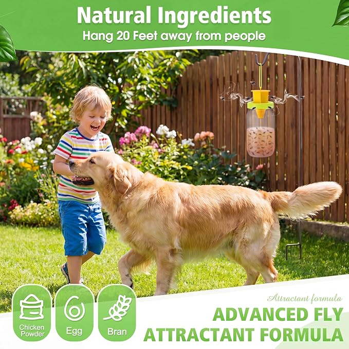 6 Pack Fly Traps Outdoor, Reusable Fly Catcher Bottles with Bait Hanging Flies Traps with Non-Toxic Dissolvable Bait Refills for Flying Insect Drain Patio Garden Yard Barn Outdoor