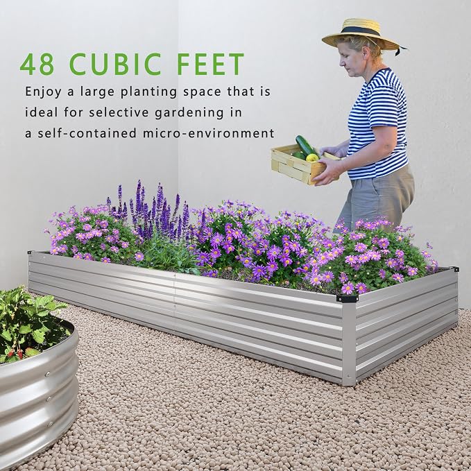 DIIYIV 12x4x1FT Galvanized Raised Garden Bed Kit,Vegetable Boxes-Rectangle Metal Flower Box,Large Planter Raised Beds Outdoor Garden for Planting,Fruit,Herb-Silver