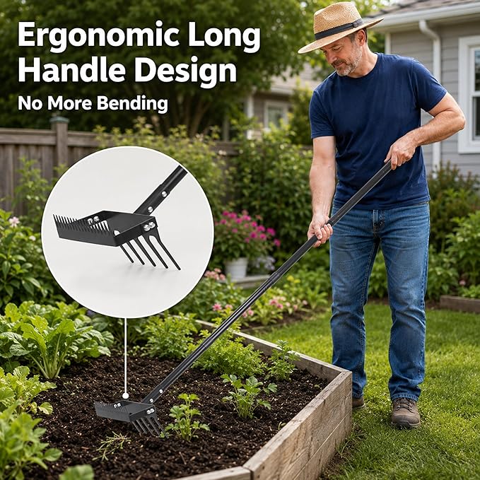 Gardzen 70" Garden Hoe for Weeding, Long Handle Hula Tool with Serrated Blade, Heavy Duty 2-in-1 Stirrup Scuffle Weeder, 5-Tine Cultivator Rake for Loosening Soil and Planting