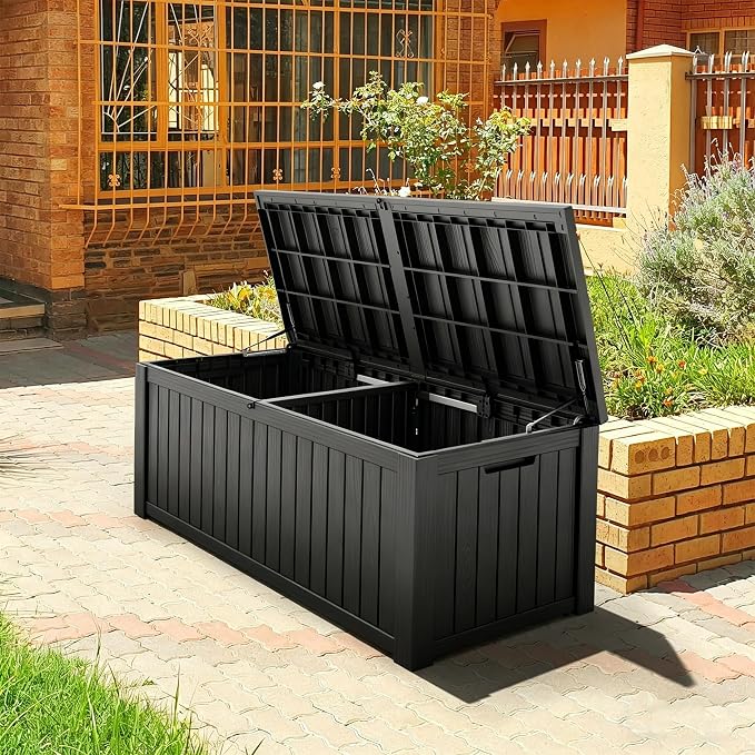 Fancyango 220 Gallon Outdoor Deck Box Waterproof, Large Storage Box for Patio, Resin Storage Bench Lockable for Garden Tools, Package Delivery, Black