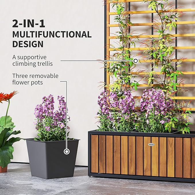 Outsunny Wooden Raised Garden Bed with Trellis, Removable Pots, Drainage Holes for Climbing Vines, Vegetables, Flowers, Raised Planter Box for Backyard, Patio, Balcony, 29 x 11 x 52 in., Teak