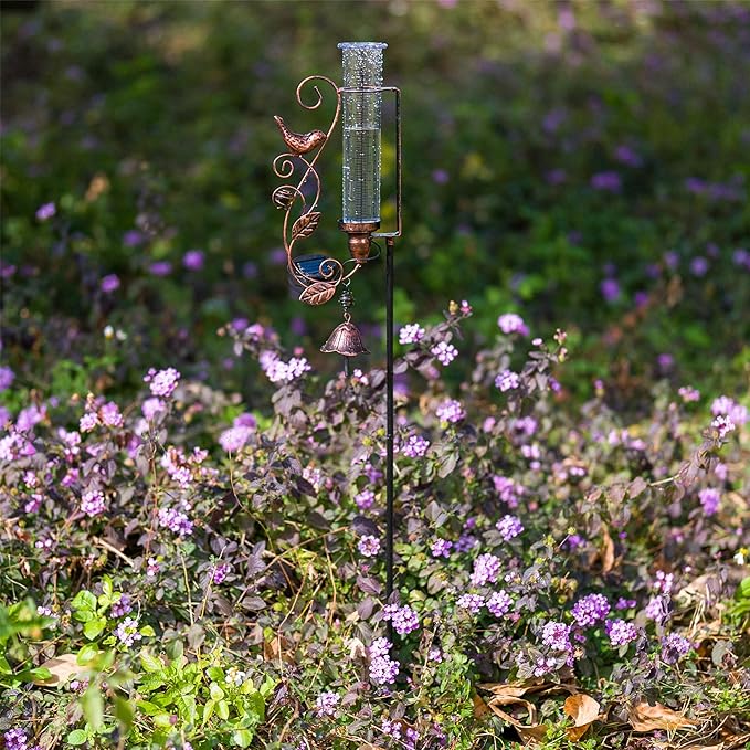 Rain Gauge Outdoor, Solar Rain Gauges with 7" Plastic Tube, Hummingbird Metal Rain Gauge with Decorative Bell for Garden Yard Lawn Decor