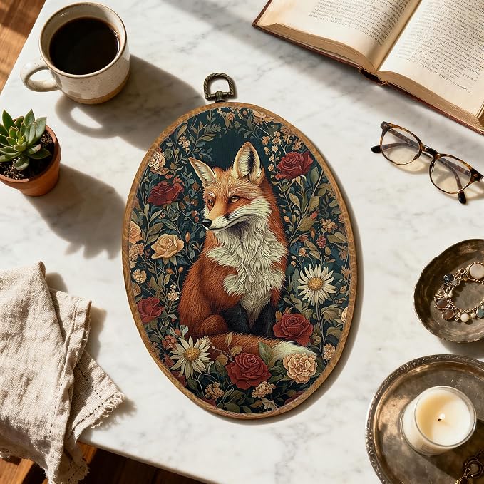 DOFQZ Vintage Floral Fox Oval Wall Art Decor, Dark Cottagecore Wildflowers Fox Framed Wall Art, Rustic Forest Wildlife Animal Walls Hanging Decor for Home Bedroom Living Room Cabin, 8.5x11.5 Inch