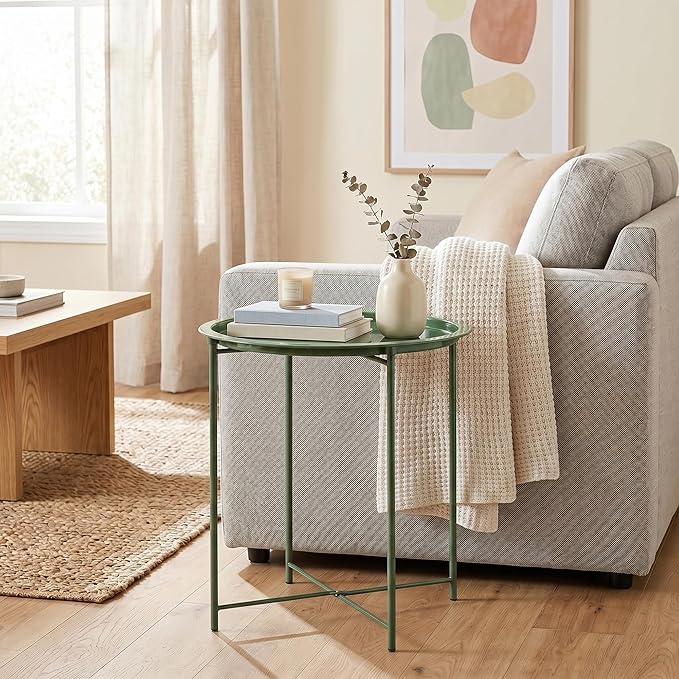 VECELO Side/End Table, Folding Round Metal Anti-Rust and Waterproof Outdoor or Indoor Tray for Living Room Bedroom Balcony and Office, 1 PCS, Dark Green
