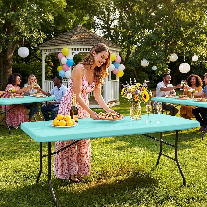 Spandex Table Cover for 6 Foot Rectangle Tables-6 Pack Aqua Blue Outdoor Picnic Elastic Table Cover-Spandex Stretch Folding Table Cloths for Camping Dining Room Patio Kitchen Banquet Party